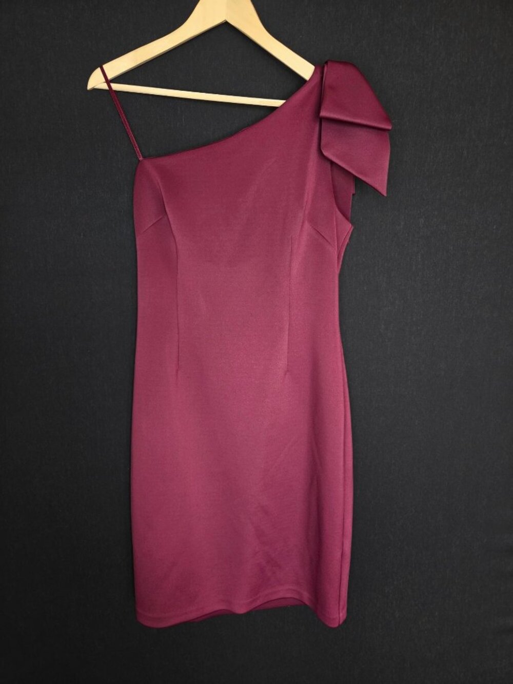 💙 Eliza J Burgundy One Shoulder Bow Sheath Size 14 Midi Stretch Cocktail Dress